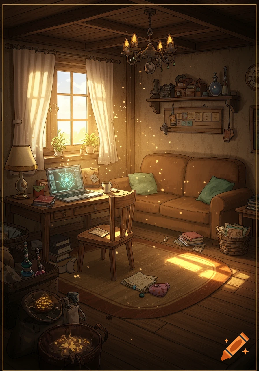 A cozy Ghibli-style RPG room with sunlight streaming through a window onto a desk with a laptop, a couch, and bags of gold.