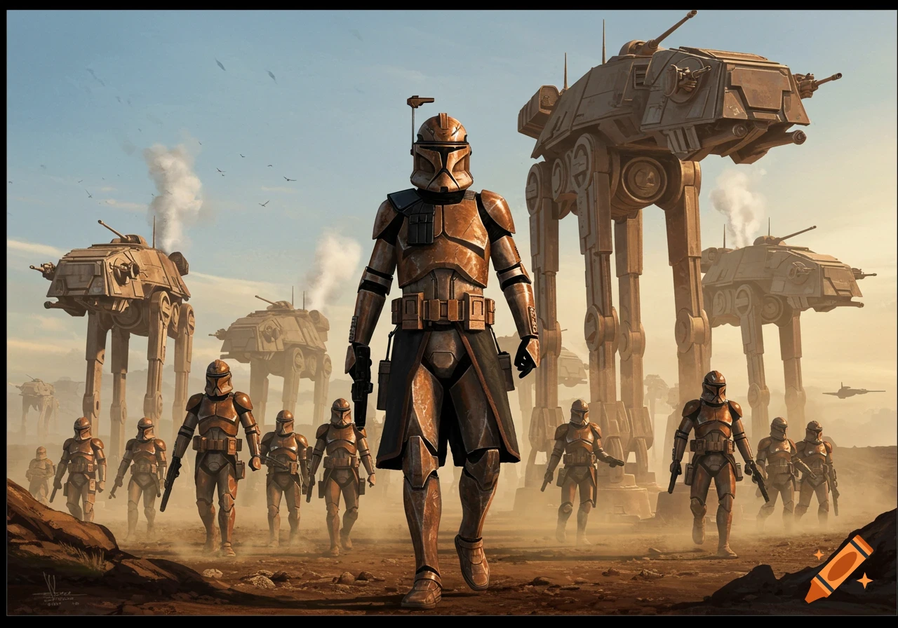Copper clone troopers with large walkers march across a dusty alien planet under a hazy sky.