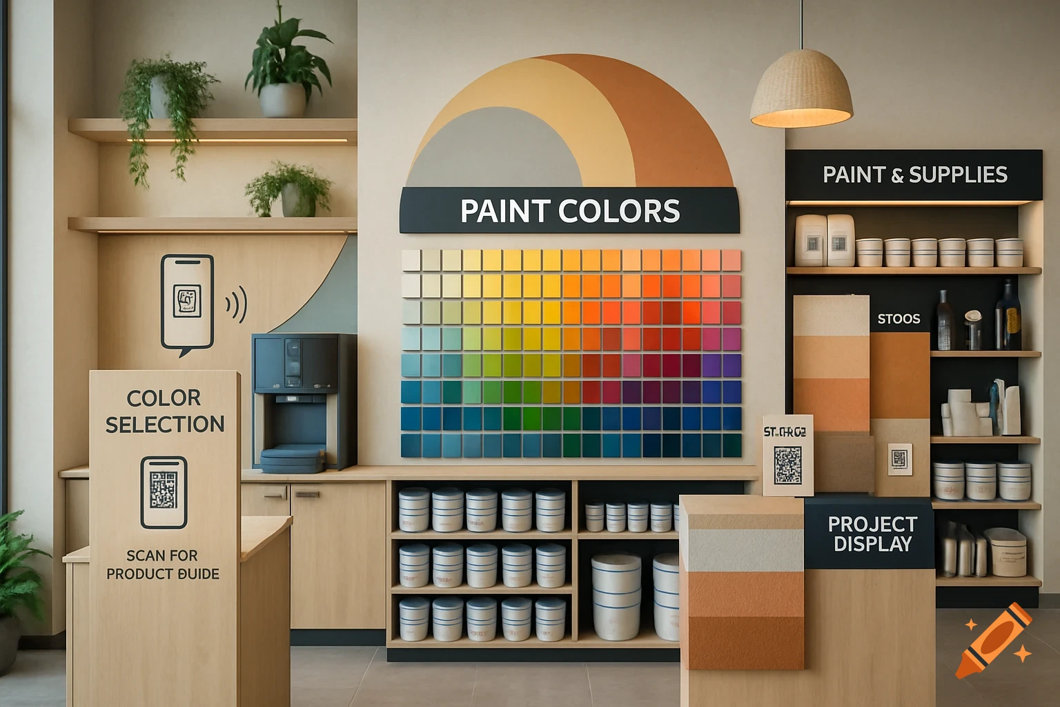 A modern paint store display with a large color palette, shelves of paint supplies, and signs for color selection and product guides.
