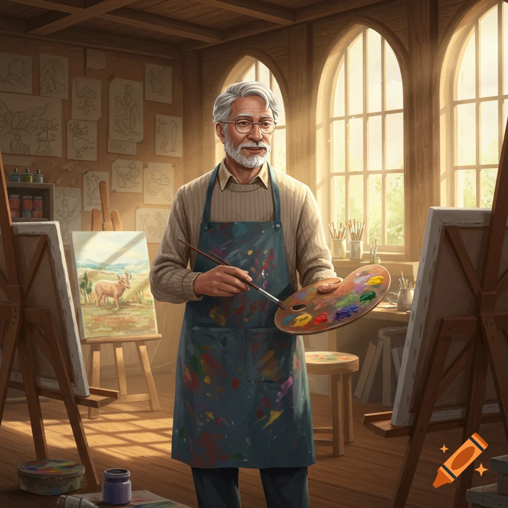 An older male artist with a white beard and glasses holds a paint brush and palette in a sunny art studio.