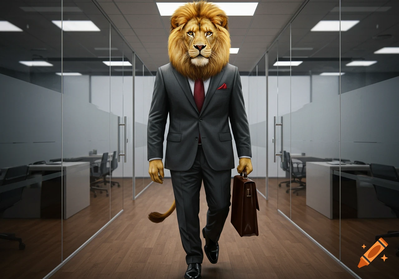 Photorealistic lion in a business suit walks down an office hallway, carrying a briefcase.