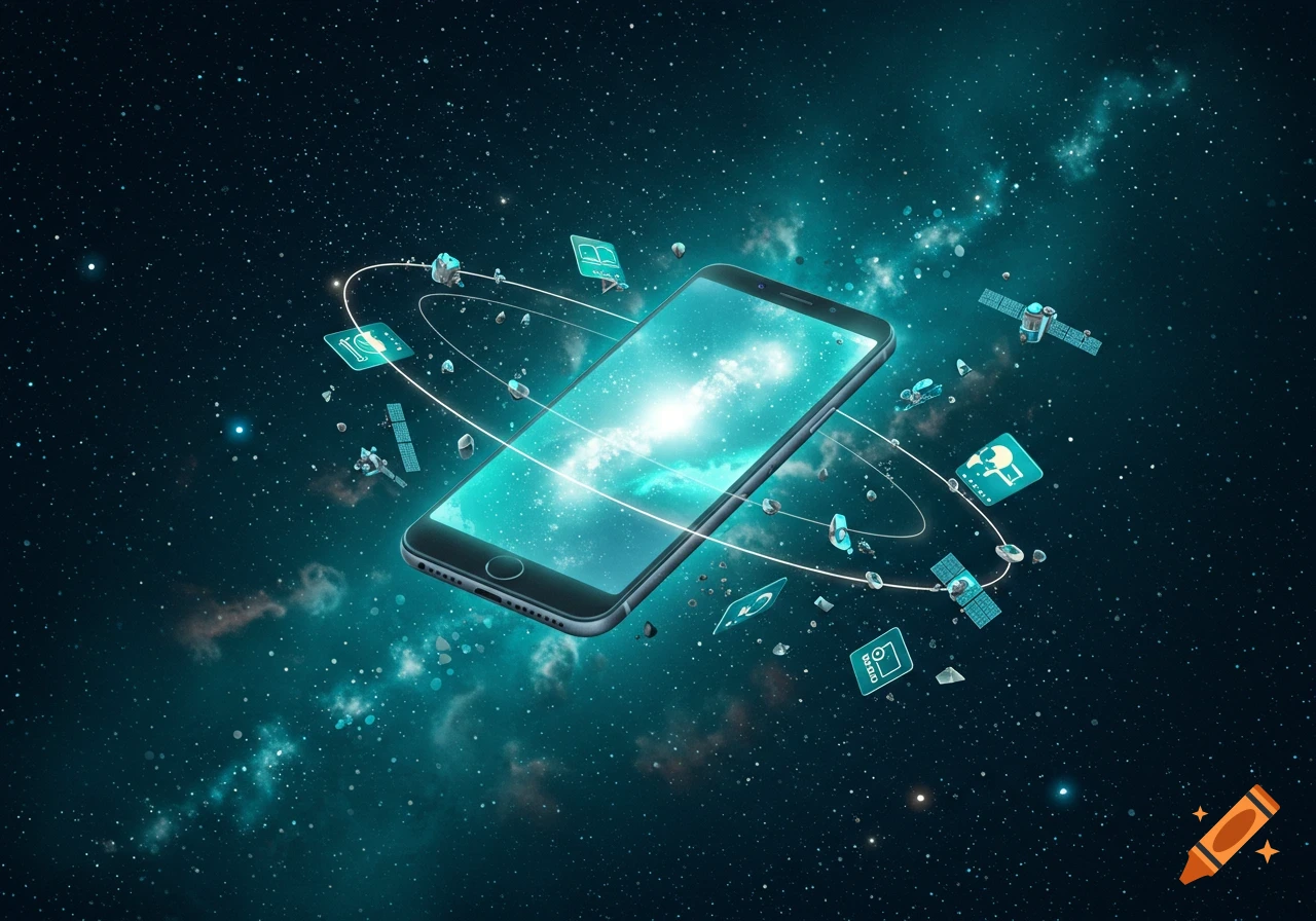 A smartphone floats in cosmic space, surrounded by orbiting tech icons, satellites, and glowing nebula clouds.