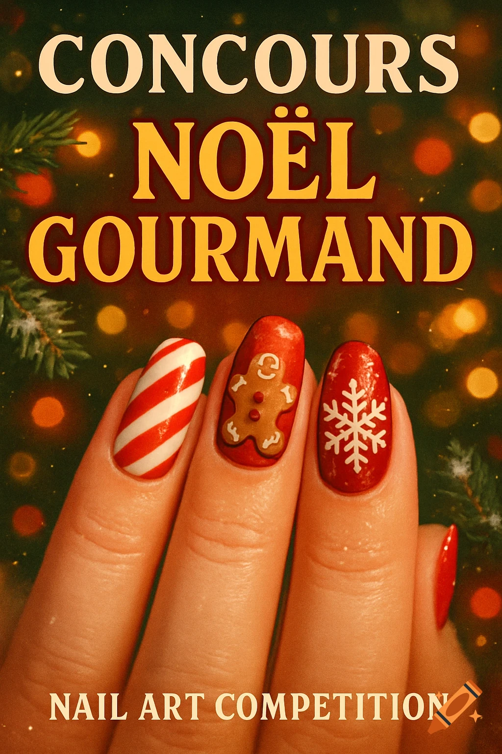 A close-up of a hand with Christmas-themed nail art (candy cane, gingerbread, snowflake) on red nails, with 'CONCOURS NOËL GOURMAND' and 'NAIL ART COMPETITION' text, against a bokeh background.