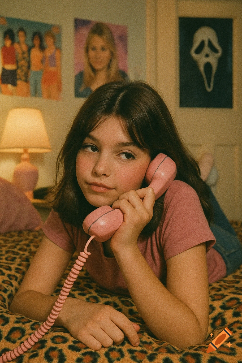 A young girl with dark brown hair lies on a cheetah print bed, holding a pink corded phone, in a dreamy Y2K bedroom.