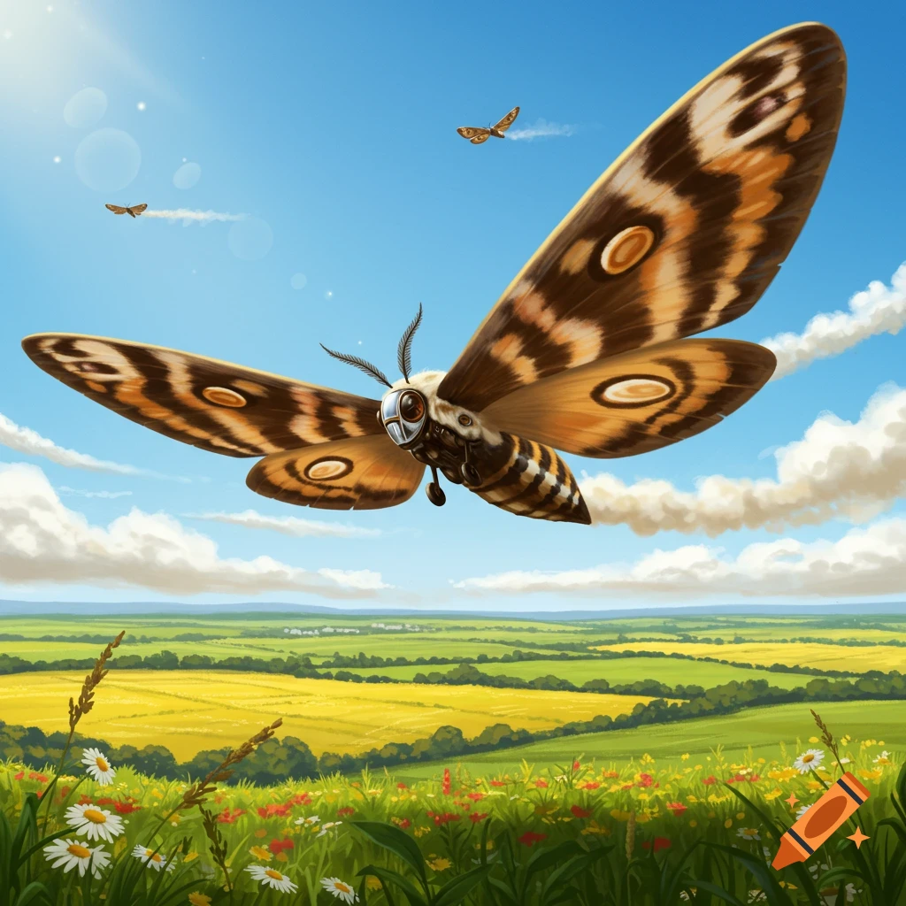 A large, stylized moth-like aircraft flies over vibrant green and yellow fields under a bright blue sky. Illustrated.