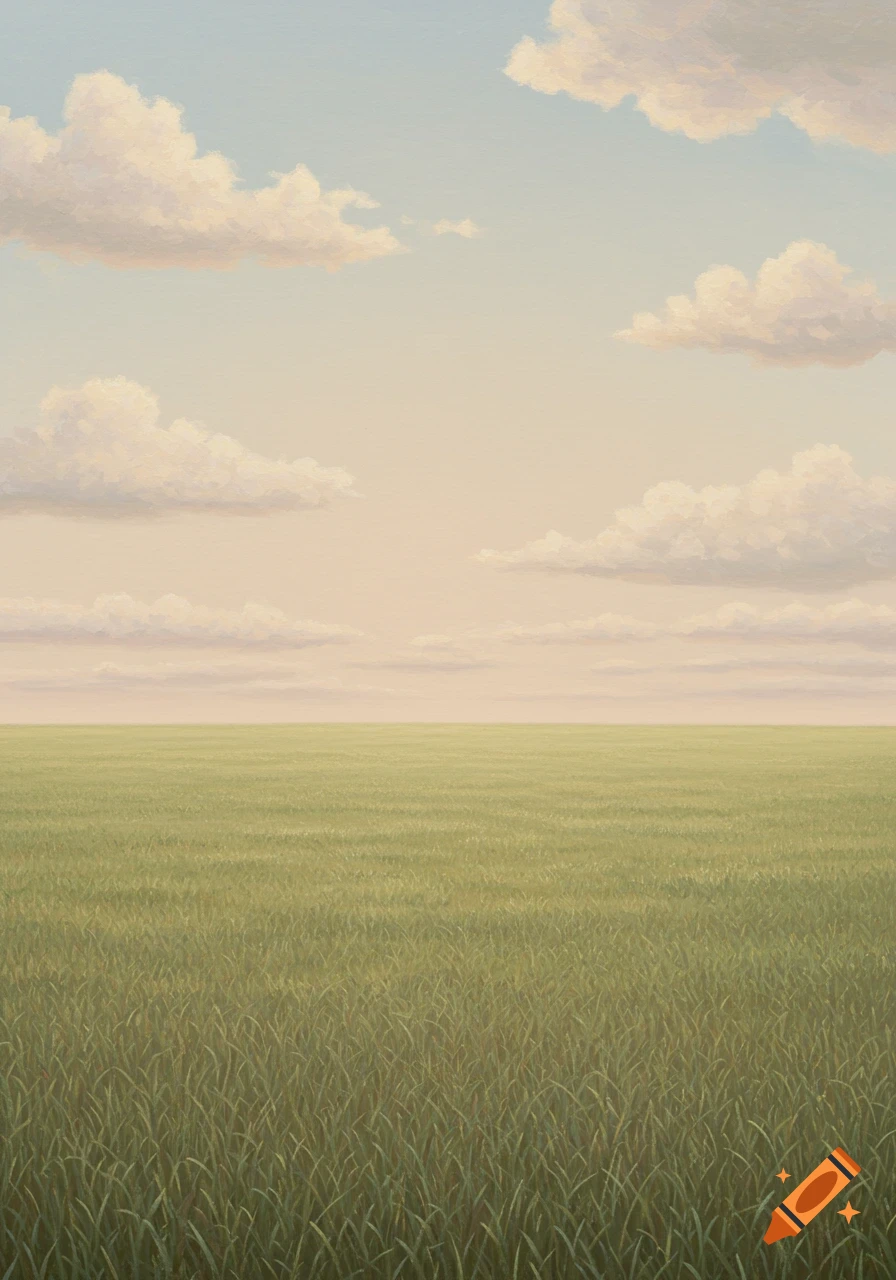 A vast green field under a pale sky with fluffy white clouds.