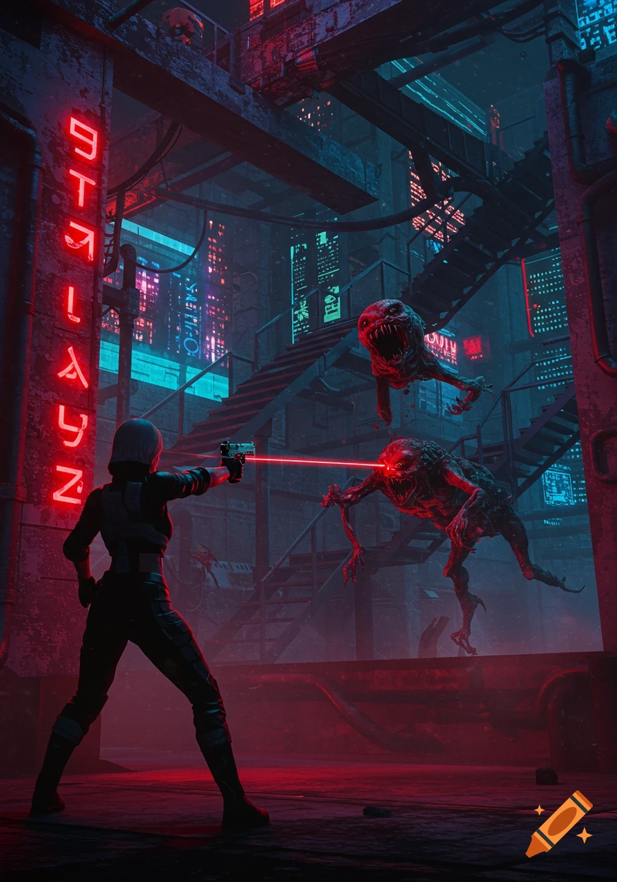A woman in a dystopian cyberpunk city shoots a red laser at two grotesque monsters in a gritty, neon-lit alley.