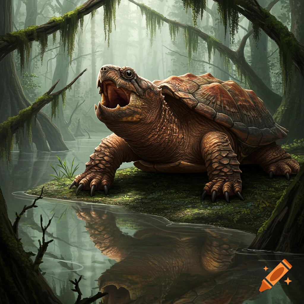A detailed snapping turtle with an open mouth on a mossy bank in a murky swamp with trees.