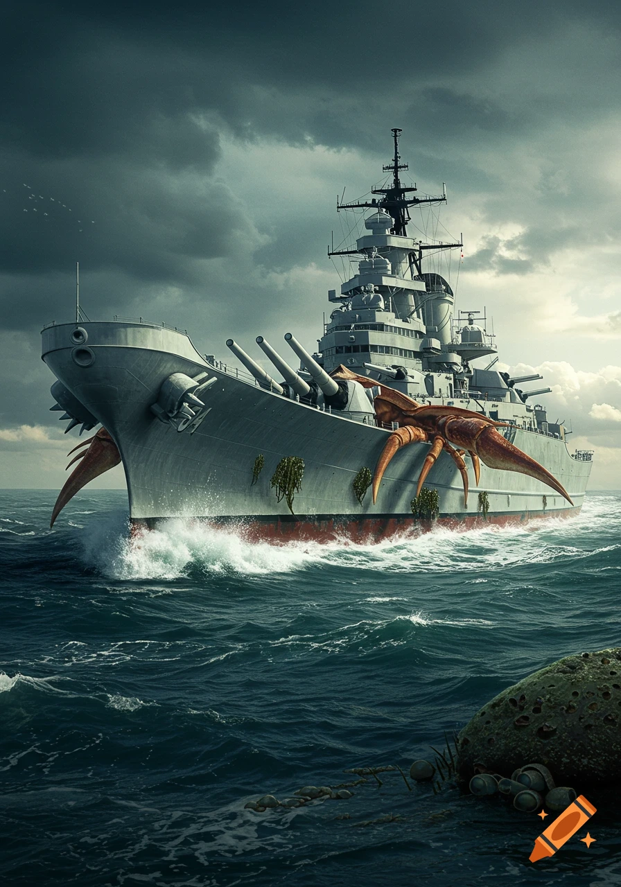 A dramatic photorealistic image of a battleship with large, reddish-brown horseshoe crab-like limbs and armor sailing on stormy seas under a cloudy sky.