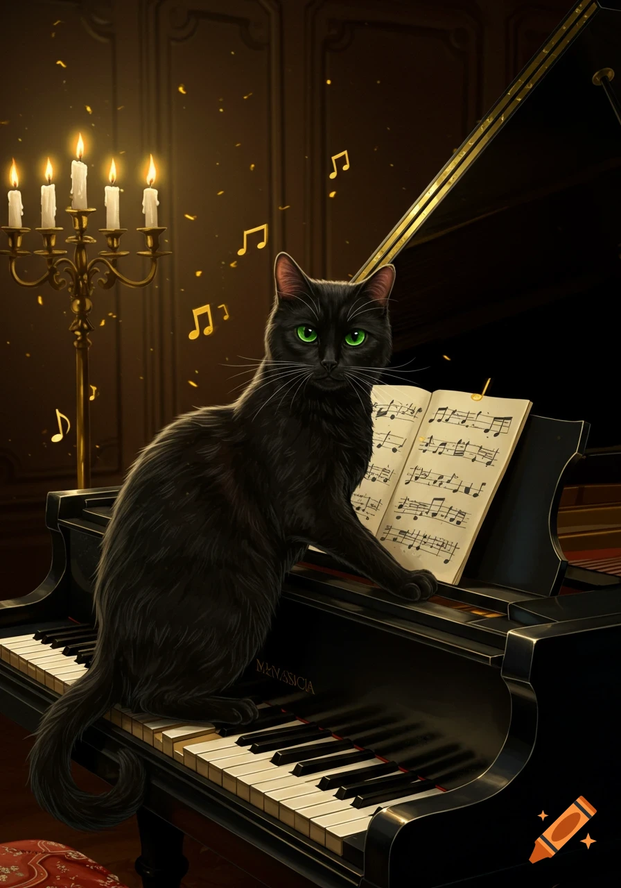 A black cat with vibrant green eyes sits regally on a grand piano with open sheet music, illuminated by candlelight. Golden musical notes float around the room.