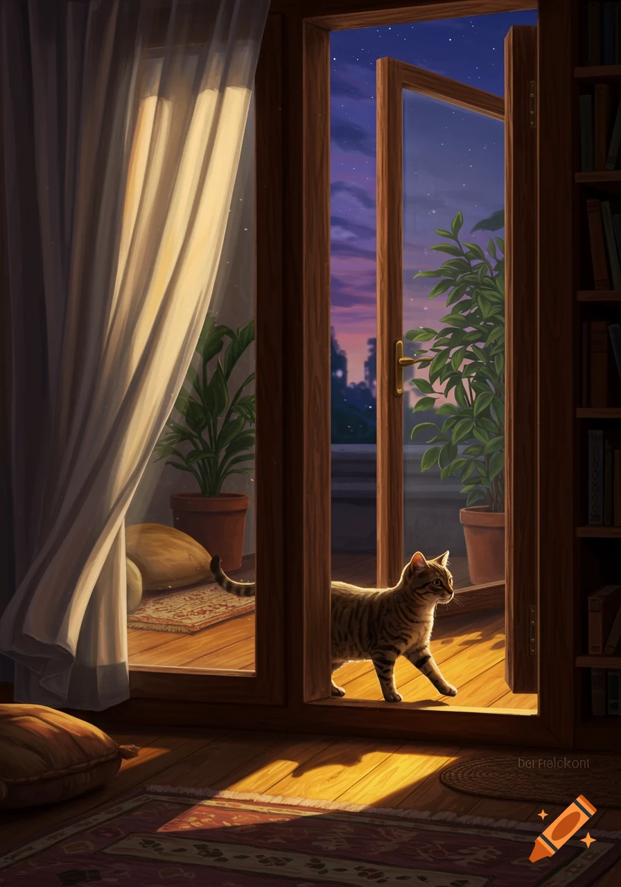 A tabby cat steps from a plant-filled balcony through an open door into a sunlit room at twilight, digital painting.