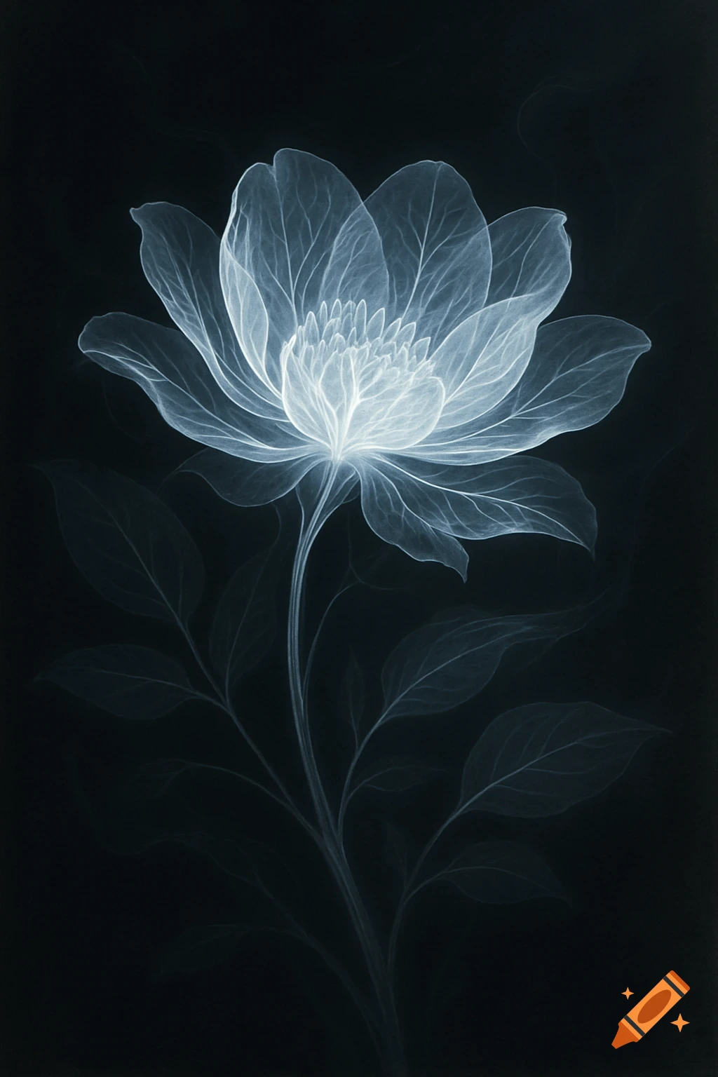 A glowing, translucent flower with a stem and leaves rendered in an x-ray style against a dark background.