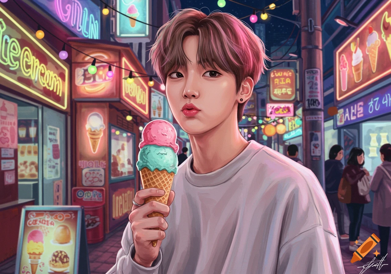 An anime-style young man with pink-streaked brown hair holds a two-scoop ice cream cone in a neon-lit city street at night.