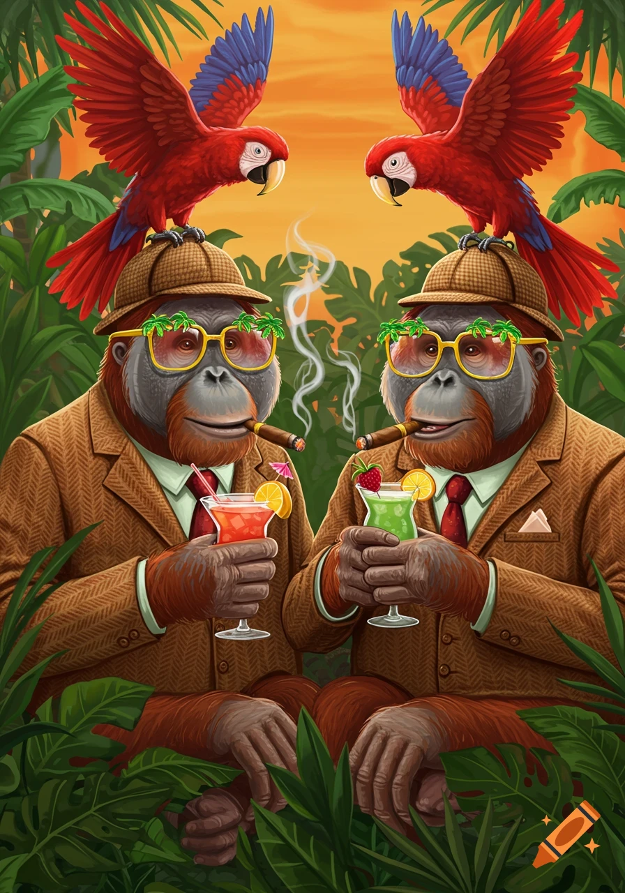 Two orangutans in tweed jackets and tropical sunglasses smoke cigars and hold cocktails, with red parrots perched on their hats in a jungle.