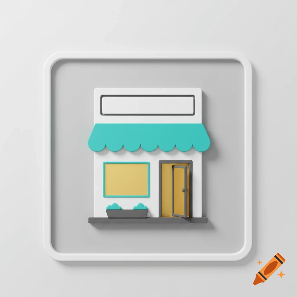 A minimalist 3D icon of a shop building with a teal awning and an open door.