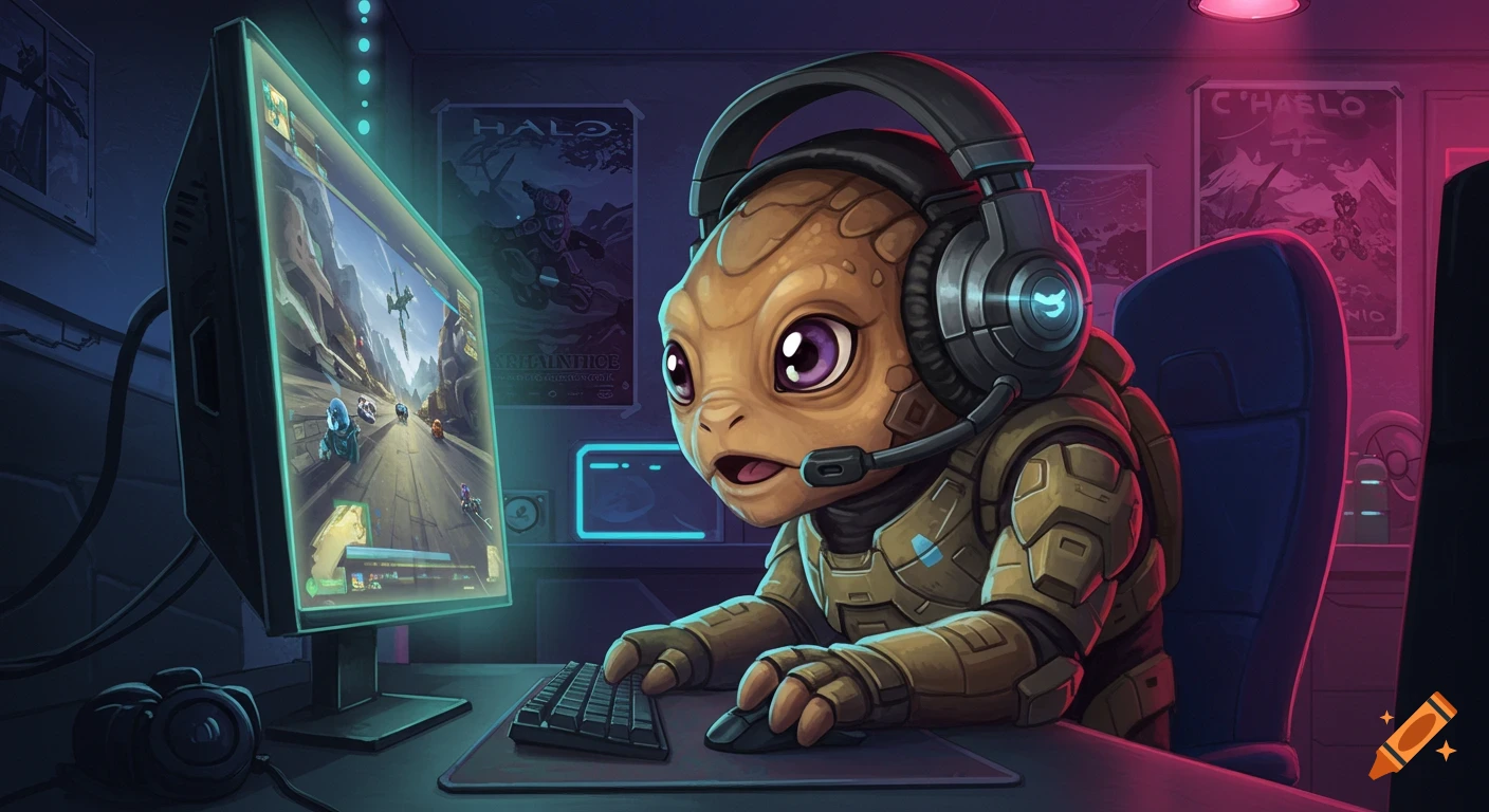 A cute alien-like grunt from Halo, in armor and a gaming headset, intensely plays a video game on a glowing PC monitor.