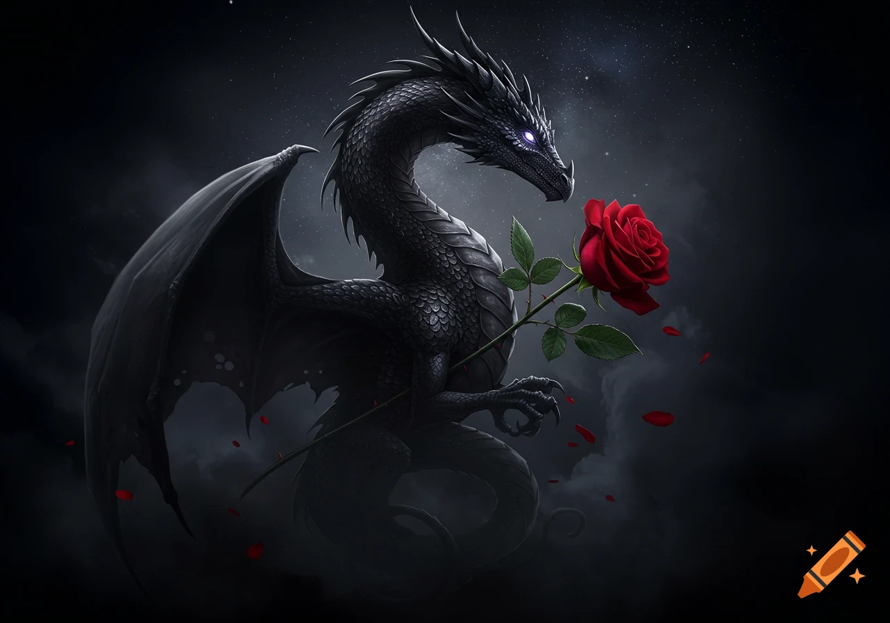 A majestic black dragon with glowing eyes holds a vibrant red rose against a dark, starry fantasy background.