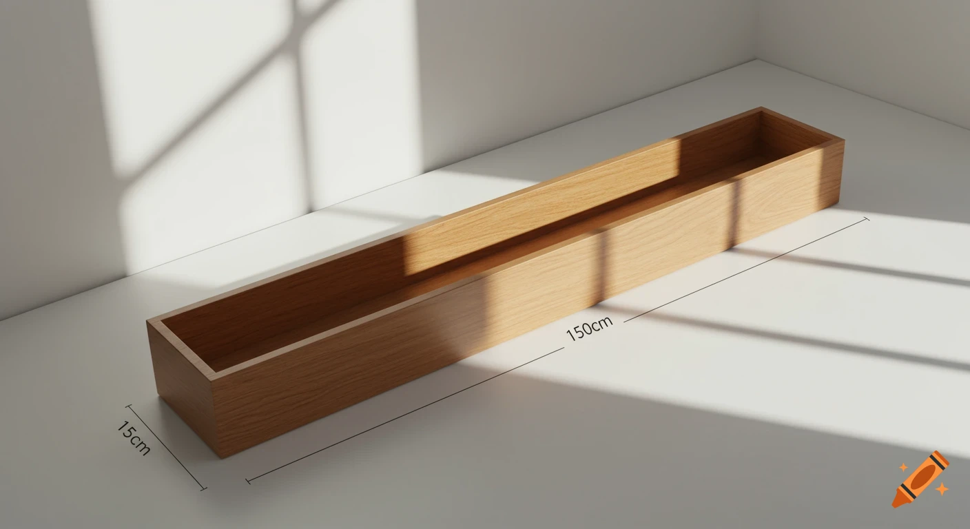 A long, open, light wooden box with 150cm length and 15cm width, on a white surface with shadows.