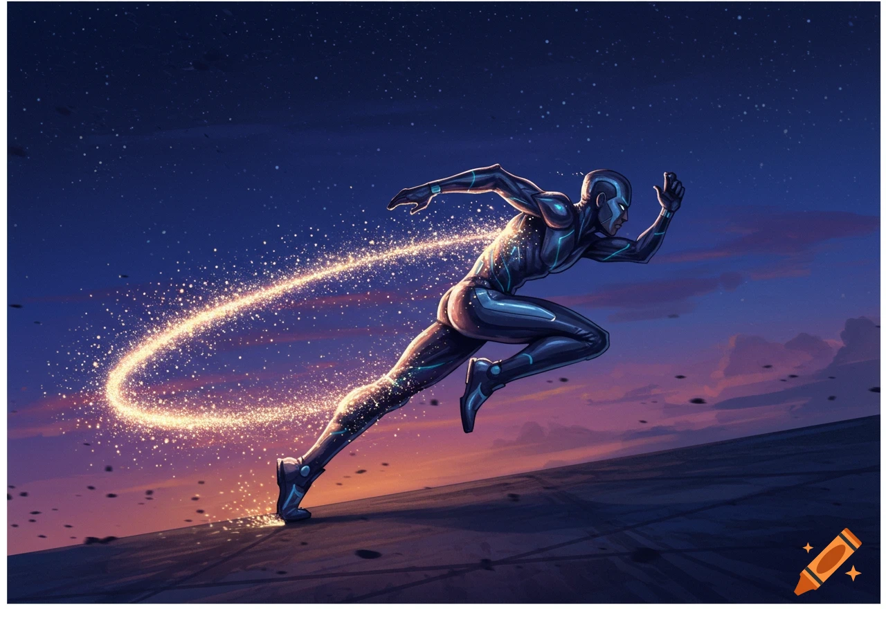 A stylized futuristic runner dashes across a dark surface, leaving a sparkling, light-gold trail against a starry twilight sky.