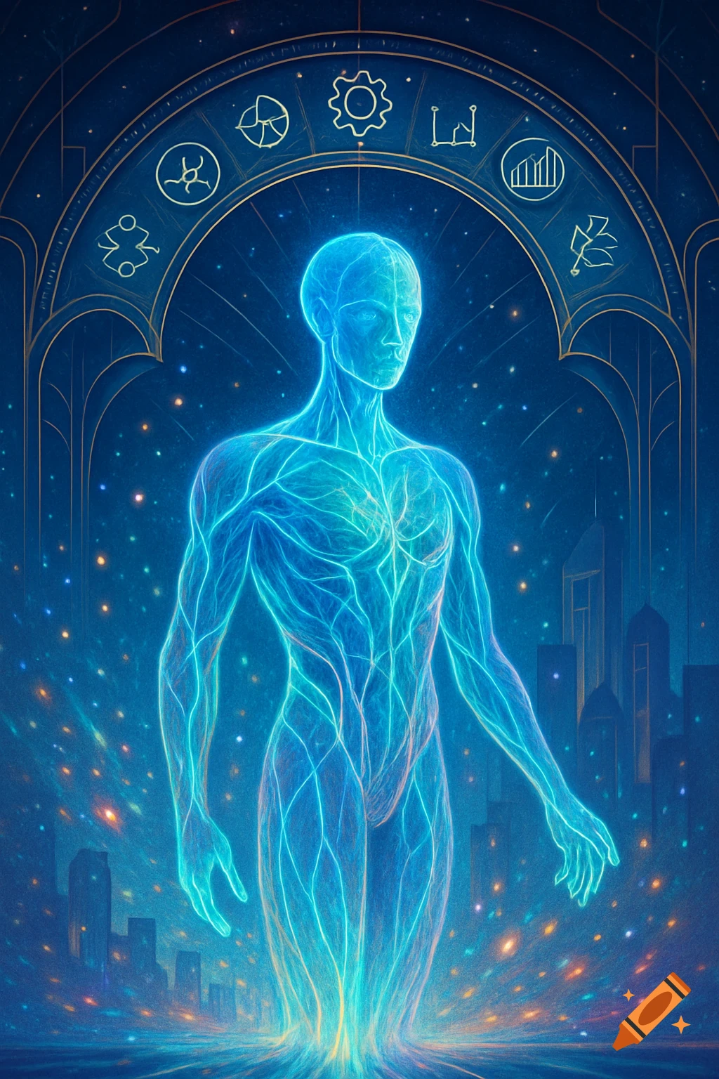 Ethereal glowing blue human figure with visible veins stands in a cosmic city under an arch with abstract symbols.