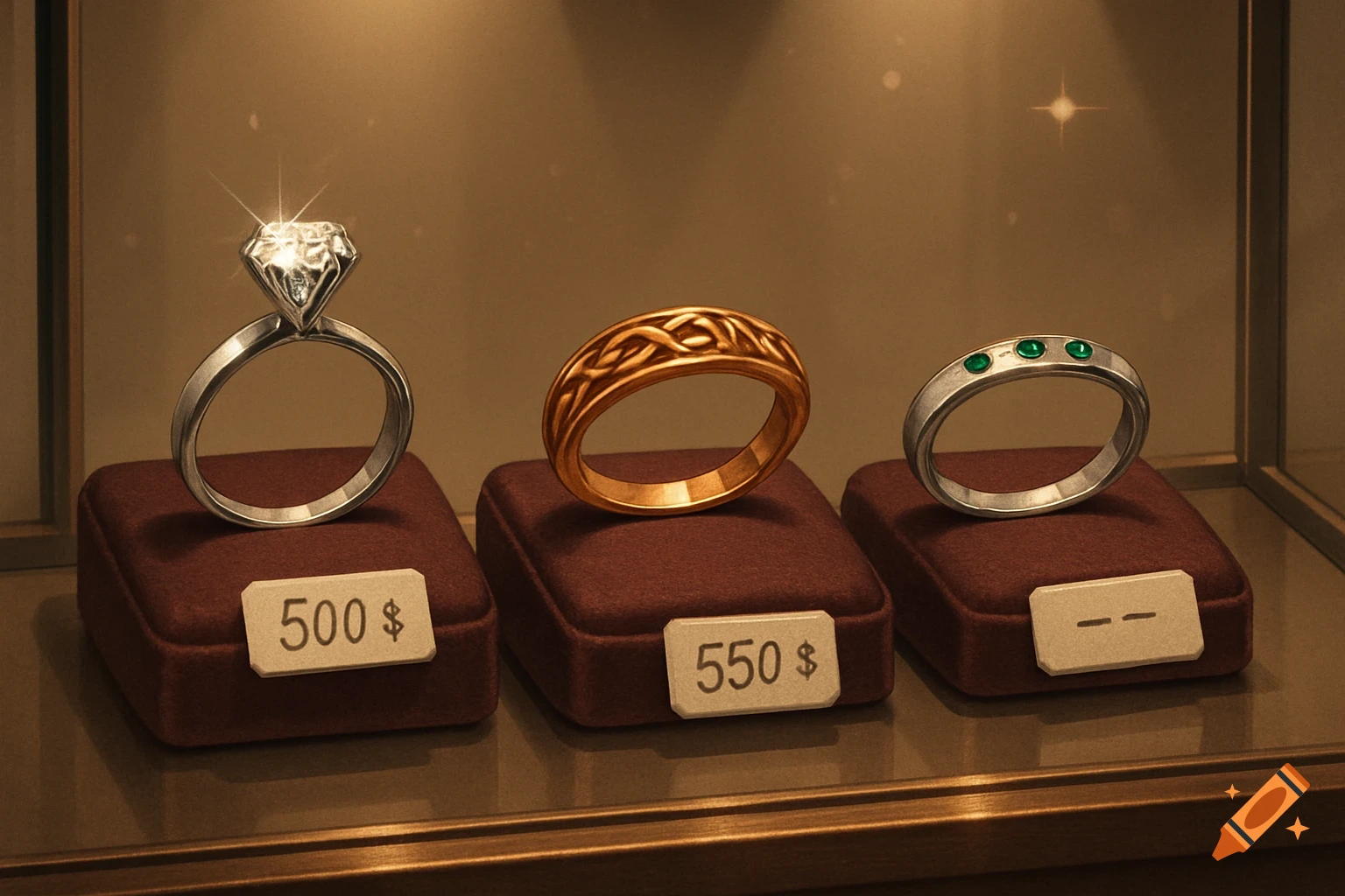 Three rings, including a diamond ring, a golden braided ring, and an emerald ring, displayed with price tags.