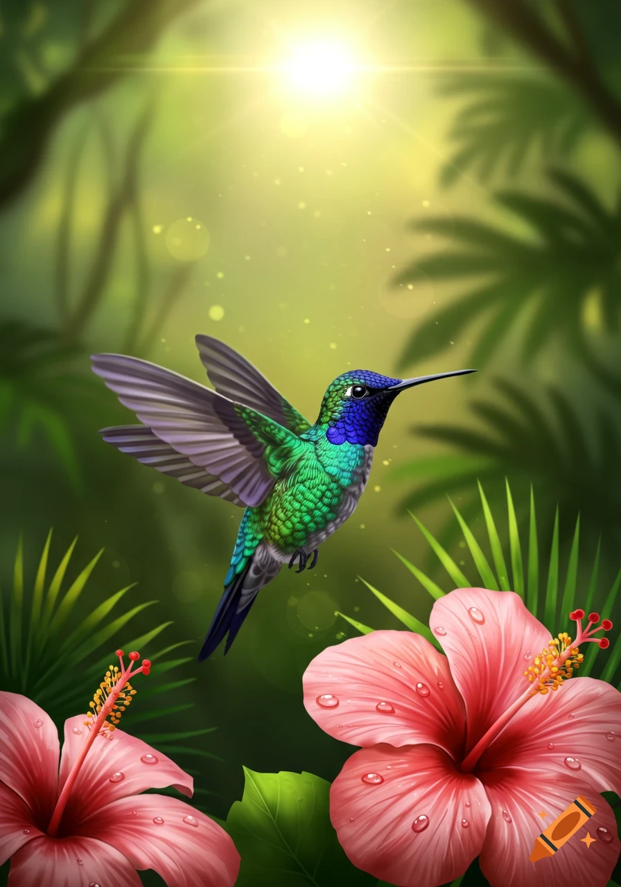 A vibrant hummingbird with green and blue plumage flies amongst pink hibiscus flowers in a lush jungle with a bright sun overhead.