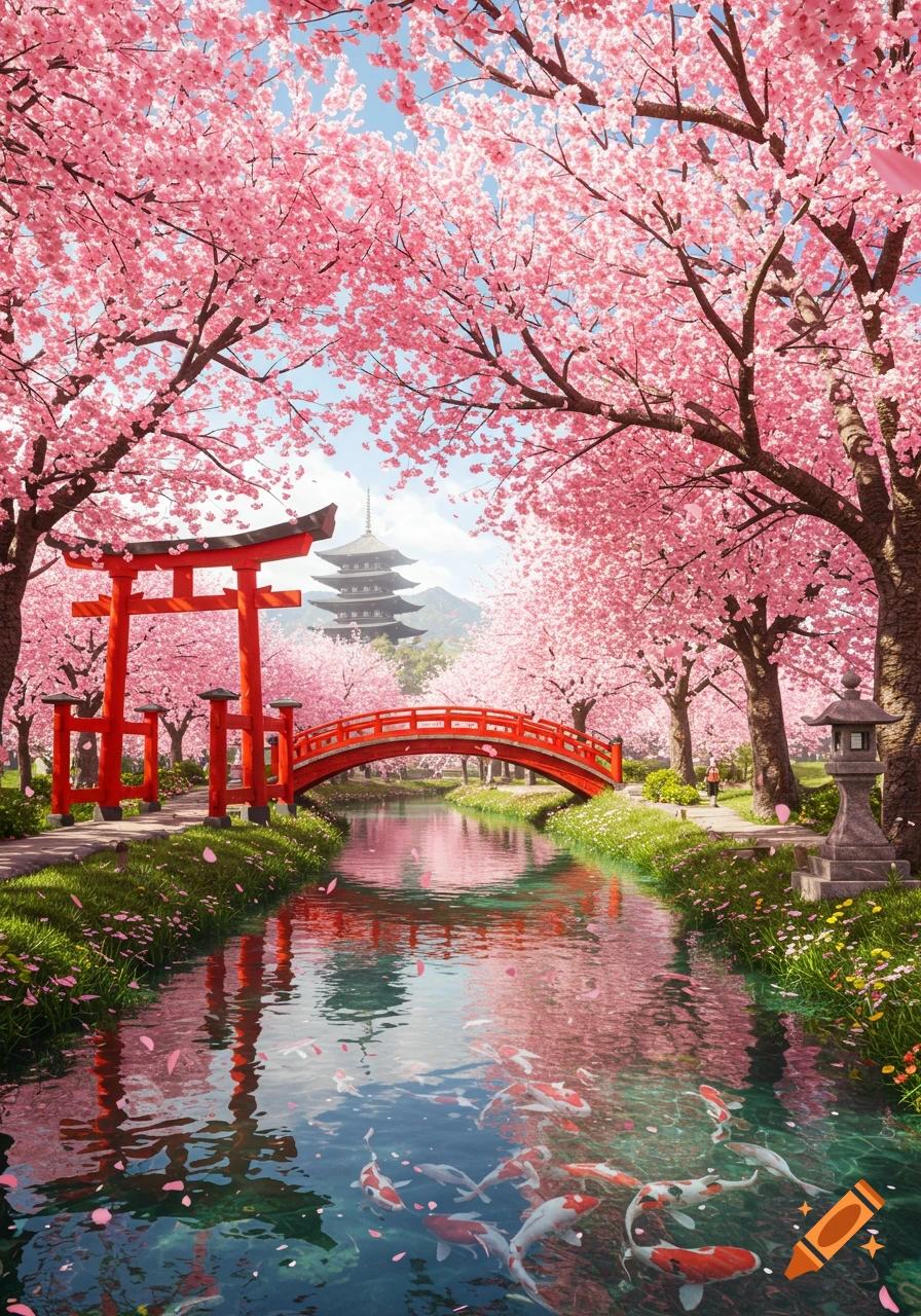 A vibrant Japanese spring landscape with pink cherry blossoms, a red torii gate, a traditional bridge over a river with koi, and a pagoda.