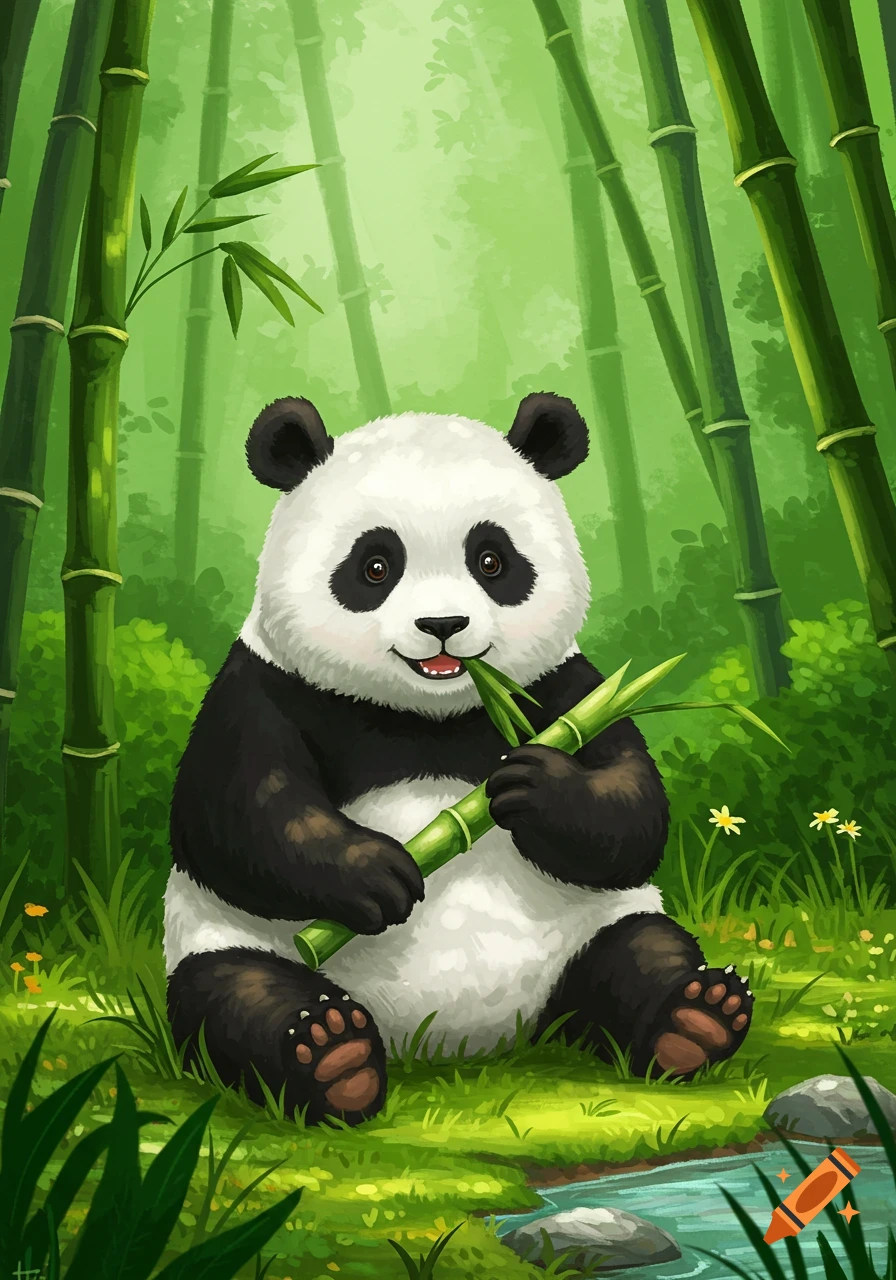 A cute cartoon panda sits in a lush bamboo forest, happily eating a bamboo stalk next to a small stream.