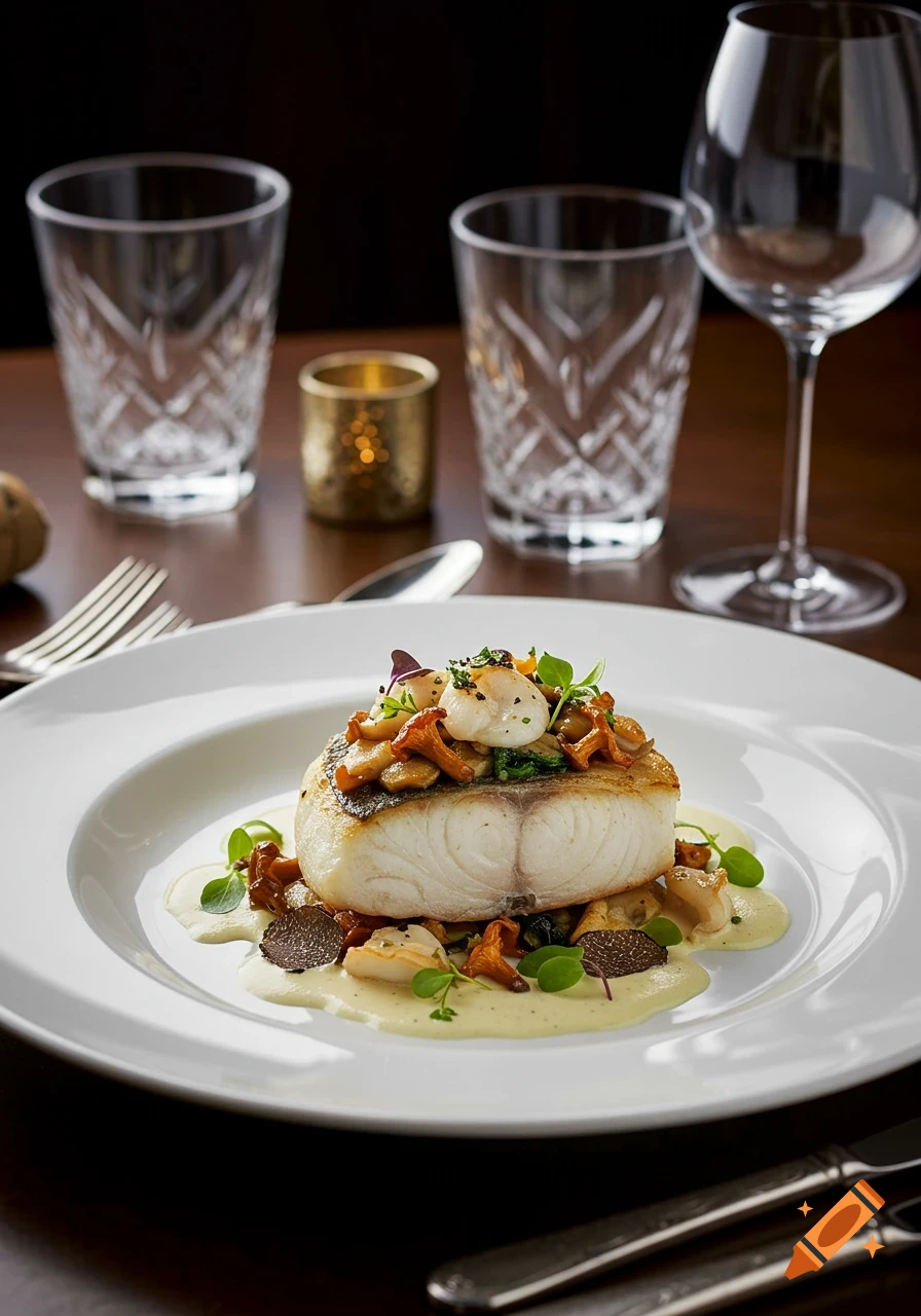 Close-up of a beautifully plated fish fillet with mushrooms, shellfish, and truffle slices in a fine dining setting.