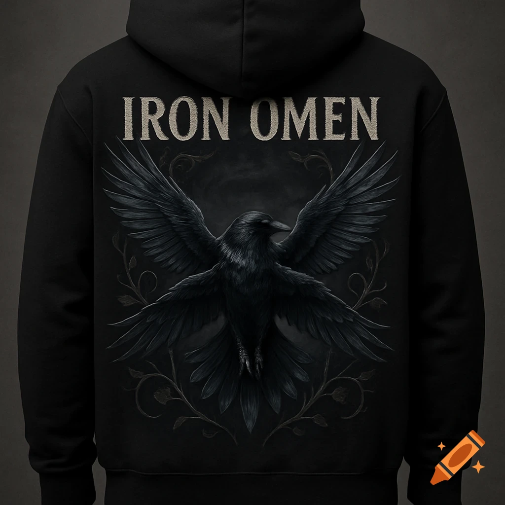 Back of a black hoodie with "IRON OMEN" text above a large, dark raven spreading its wings, framed by subtle vines.