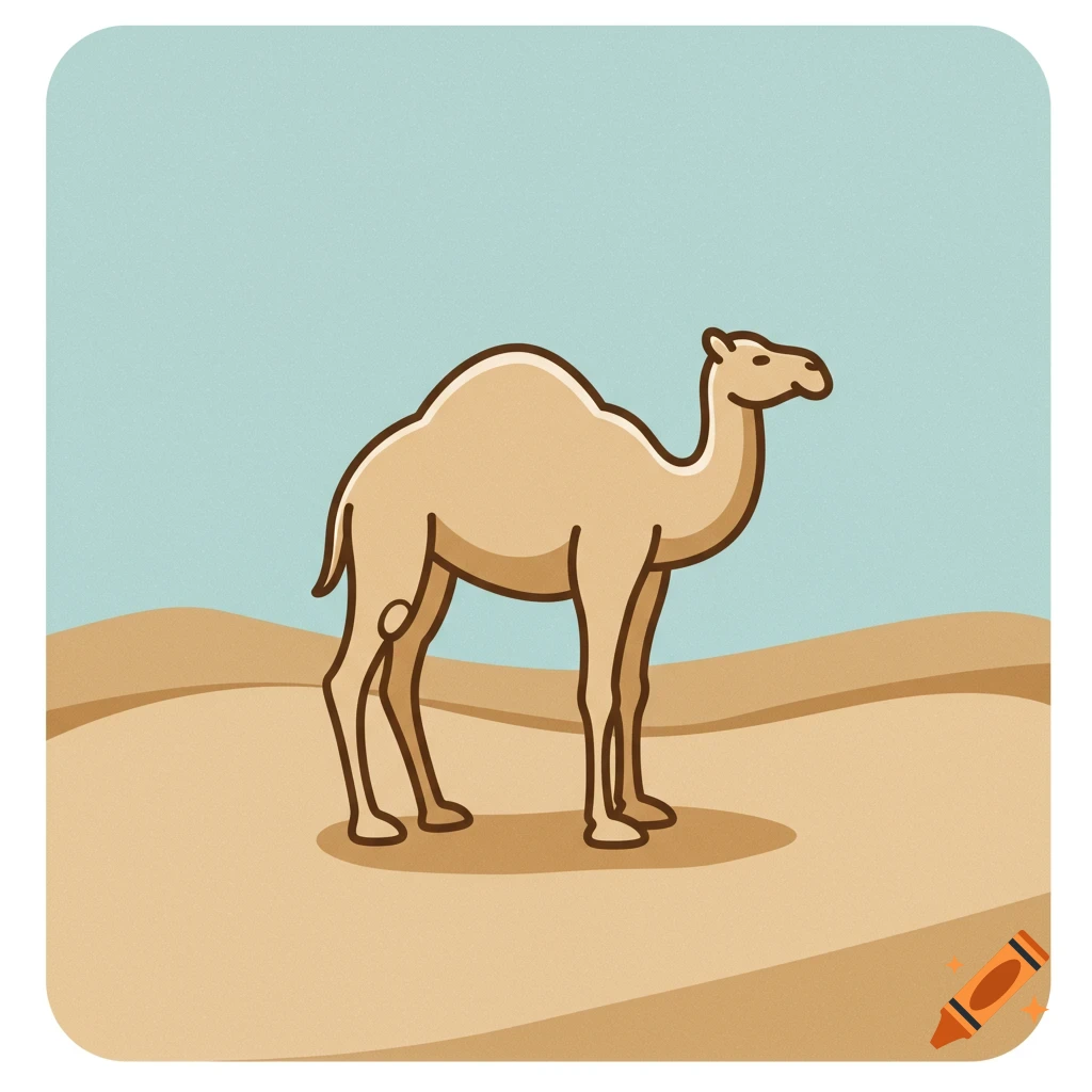 A stylized camel icon standing on desert dunes under a light blue sky.