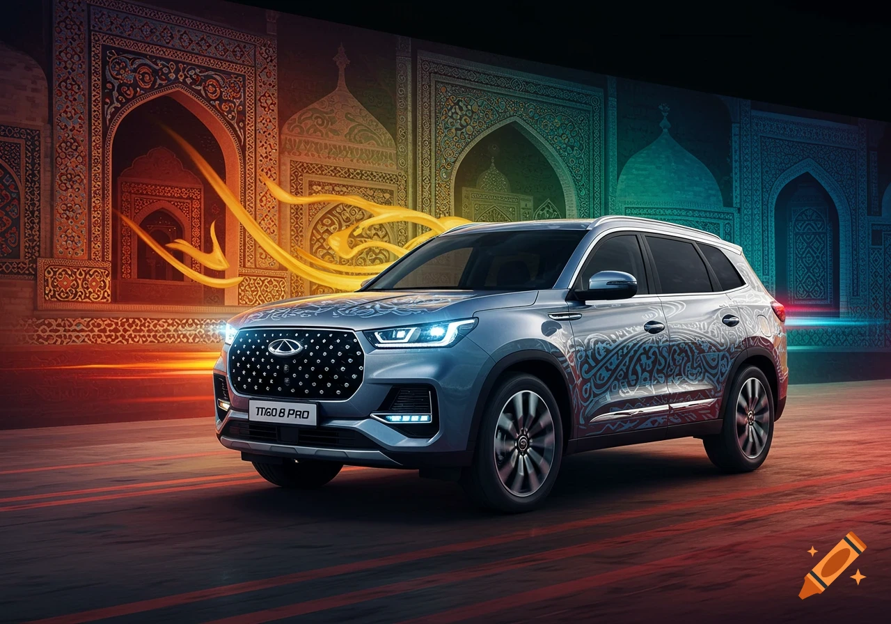 A silver Chery Tiggo 8 Pro SUV with ornamental patterns on its side, in front of brightly lit Uzbek architecture.