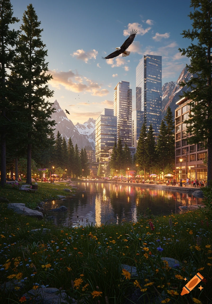 Photorealistic cityscape blending with nature, featuring modern skyscrapers, snow-capped mountains, a lake, pine trees, and an eagle flying.