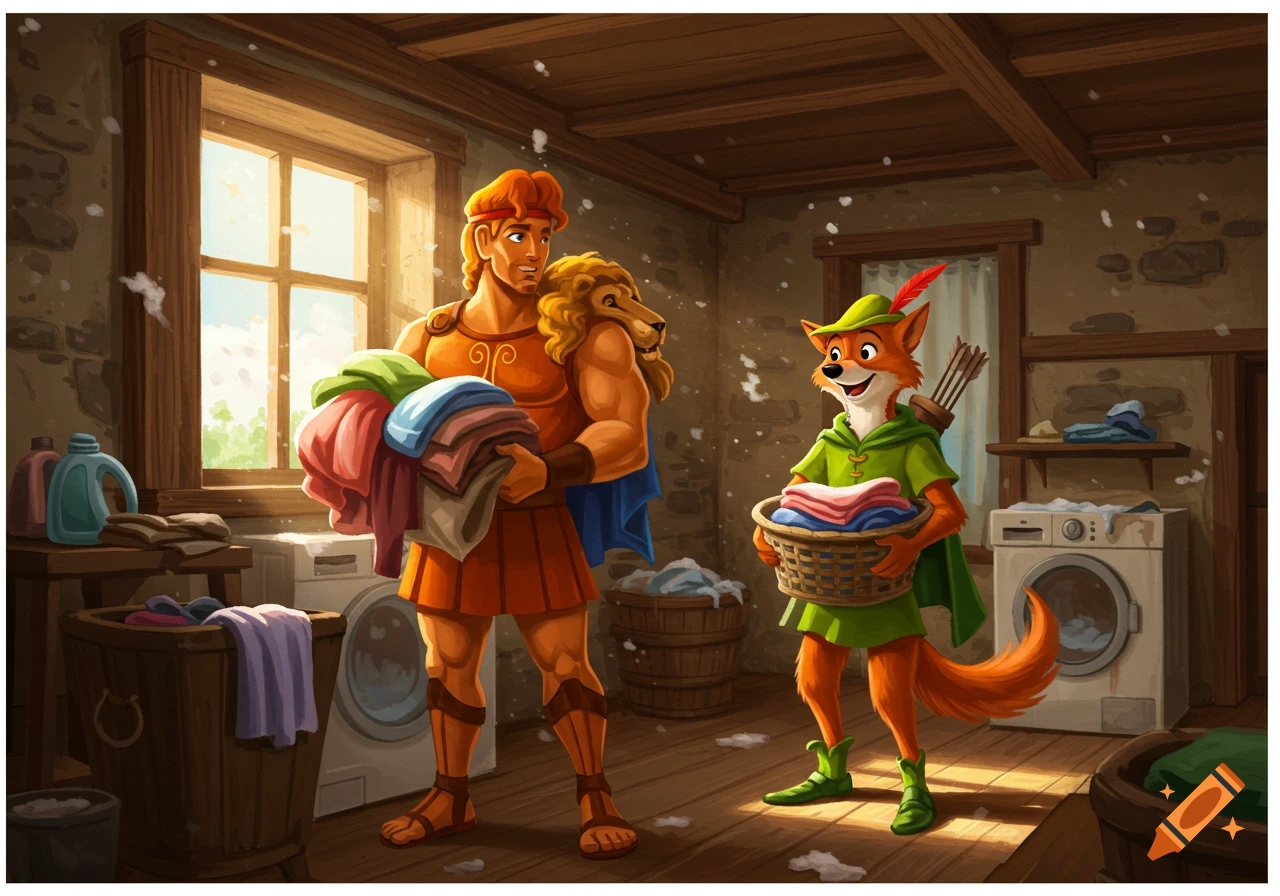 Animated Hercules and Robin Hood carrying laundry baskets in a rustic laundry room.