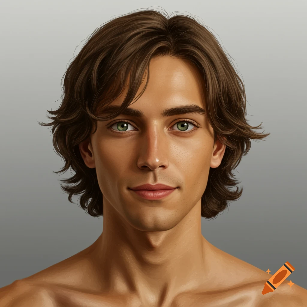 Stylized digital portrait of a young man with brown wavy hair, green eyes, and olive skin smiling.