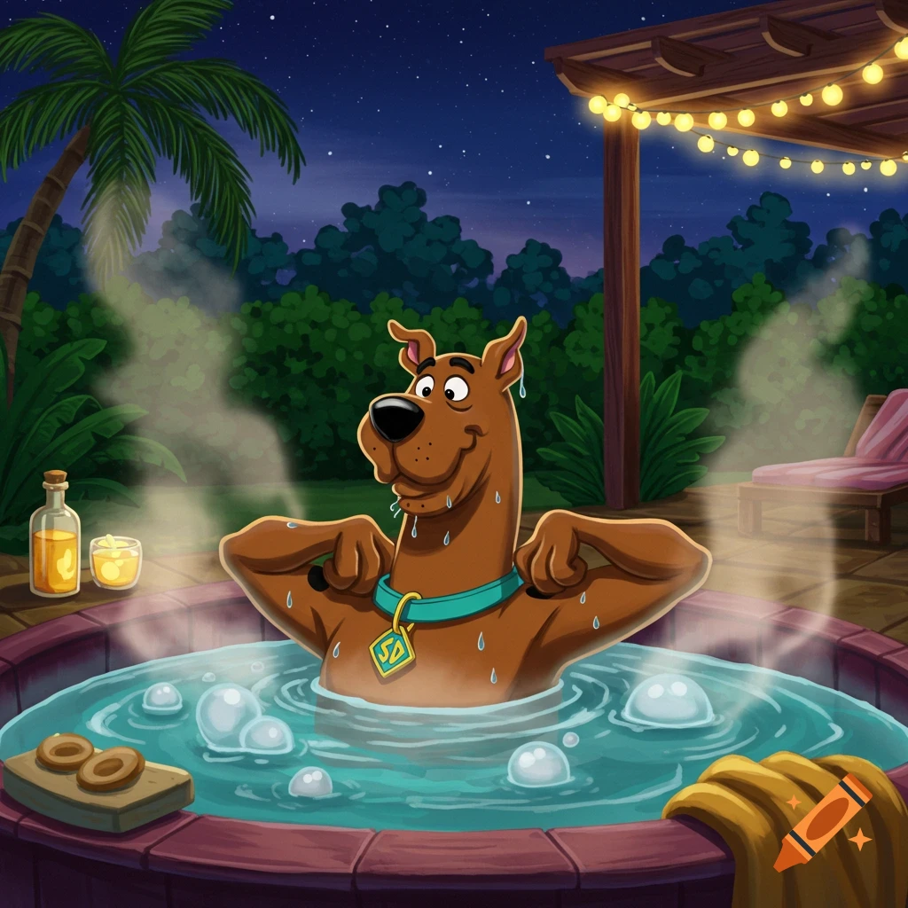 Scooby Doo relaxes in a steamy hot tub at night, surrounded by tropical foliage and string lights.