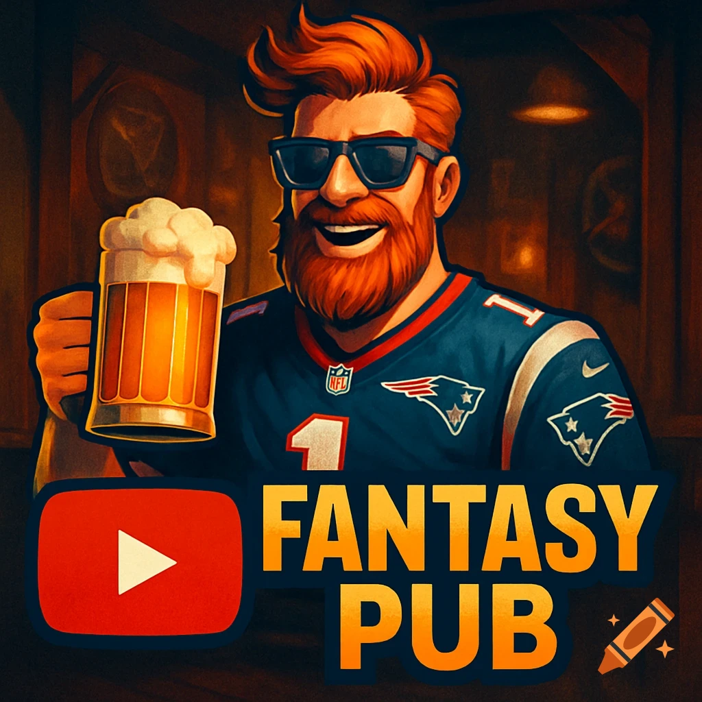 Digital art logo: A smiling, red-bearded man in sunglasses and a Patriots jersey holds a beer next to 'FANTASY PUB' and a YouTube logo.