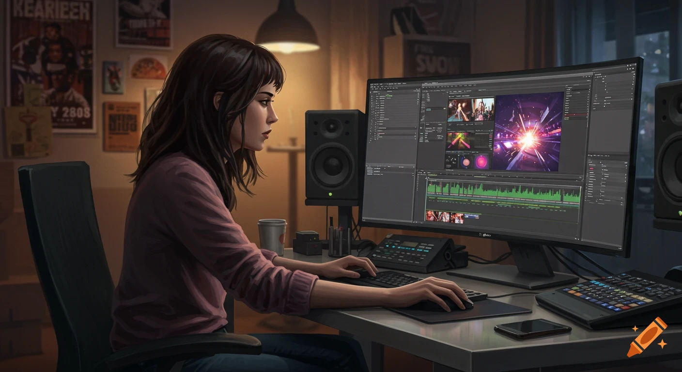 A woman video editor focused on a large computer screen in a softly lit, decorated room. Realistic style.