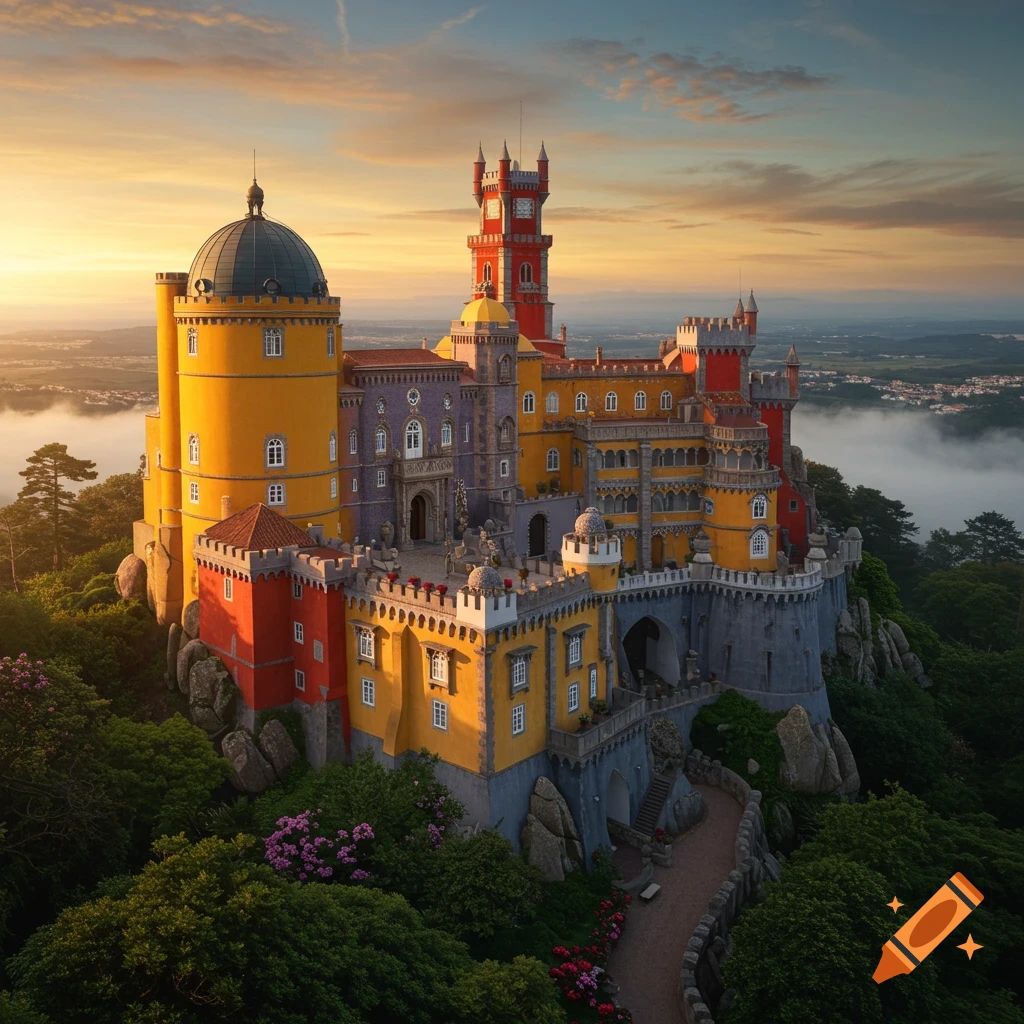 Vibrant, colorful Pena Palace in Sintra, Portugal, atop a lush, forested hill at sunset with a misty valley.
