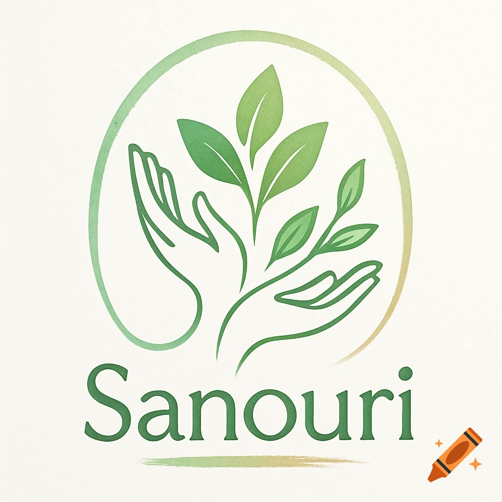 A stylized green logo featuring hands holding leaves within a circle, with the name 'Sanouri' below.