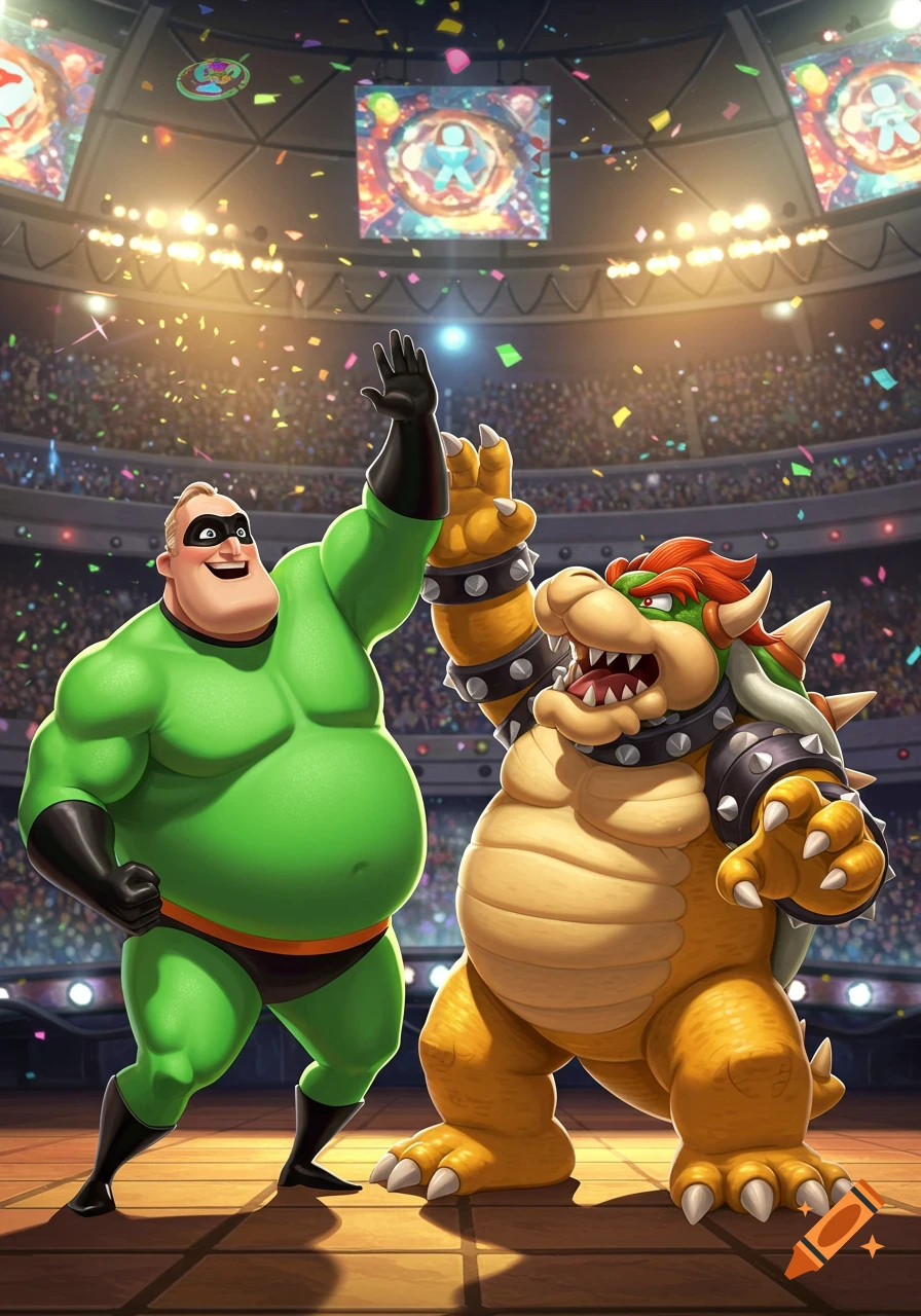 Overweight Mr. Incredible in a green suit high-fives Bowser in a wrestling arena with confetti falling.