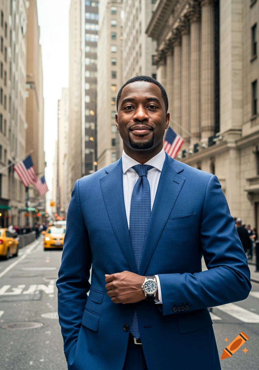 A smiling Black man in a blue suit and watch stands on a city street with tall buildings and American flags.
