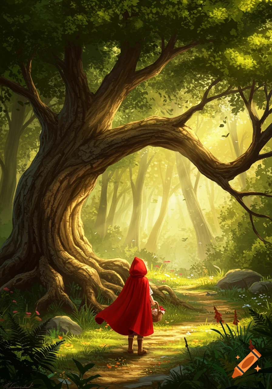 Little Red Riding Hood walks on a sunlit forest path towards a gnarled, ancient tree in a fantasy illustration.