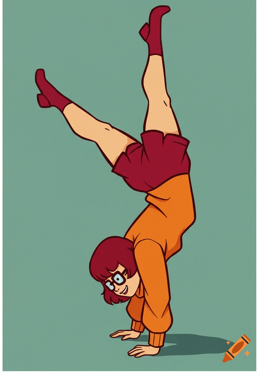 Velma from Scooby-Doo doing a handstand on a plain teal background in 2D cartoon style.