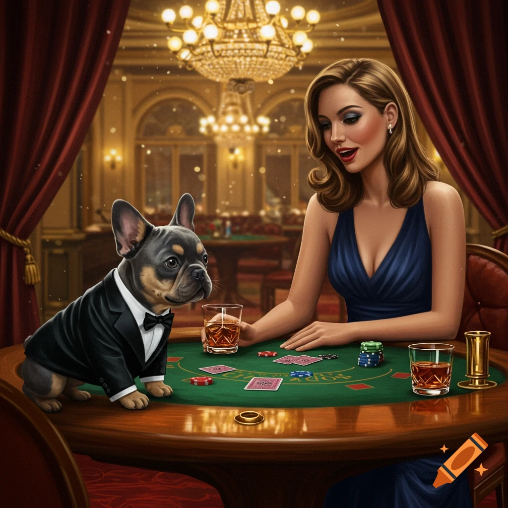 A French bulldog in a tuxedo and a woman in a blue dress play baccarat at a fancy casino table, photorealistic style.