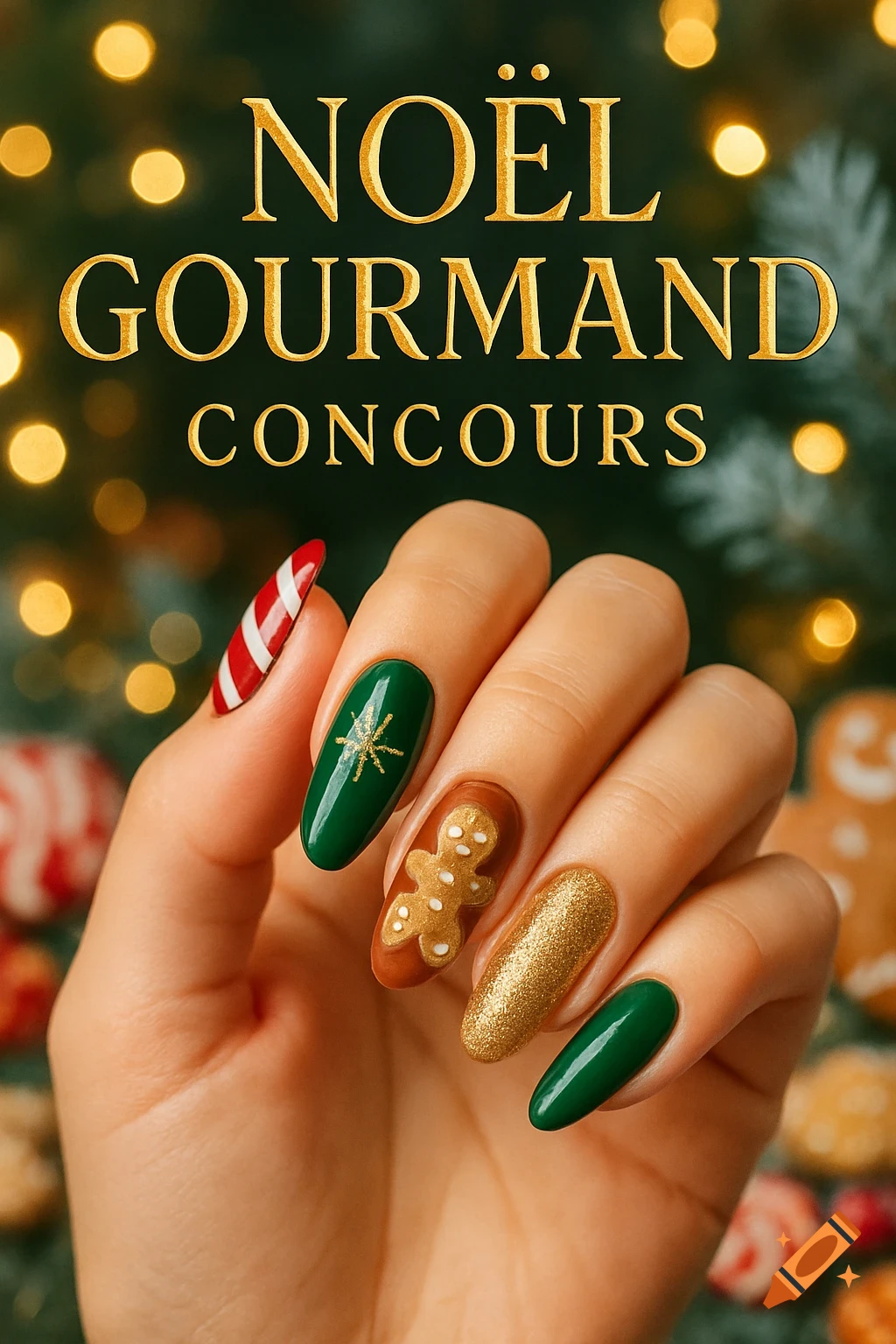 Close-up of hand with Christmas nail art: candy cane, gingerbread man, glitter. Text "NOËL GOURMAND CONCOURS" on a blurred festive background.