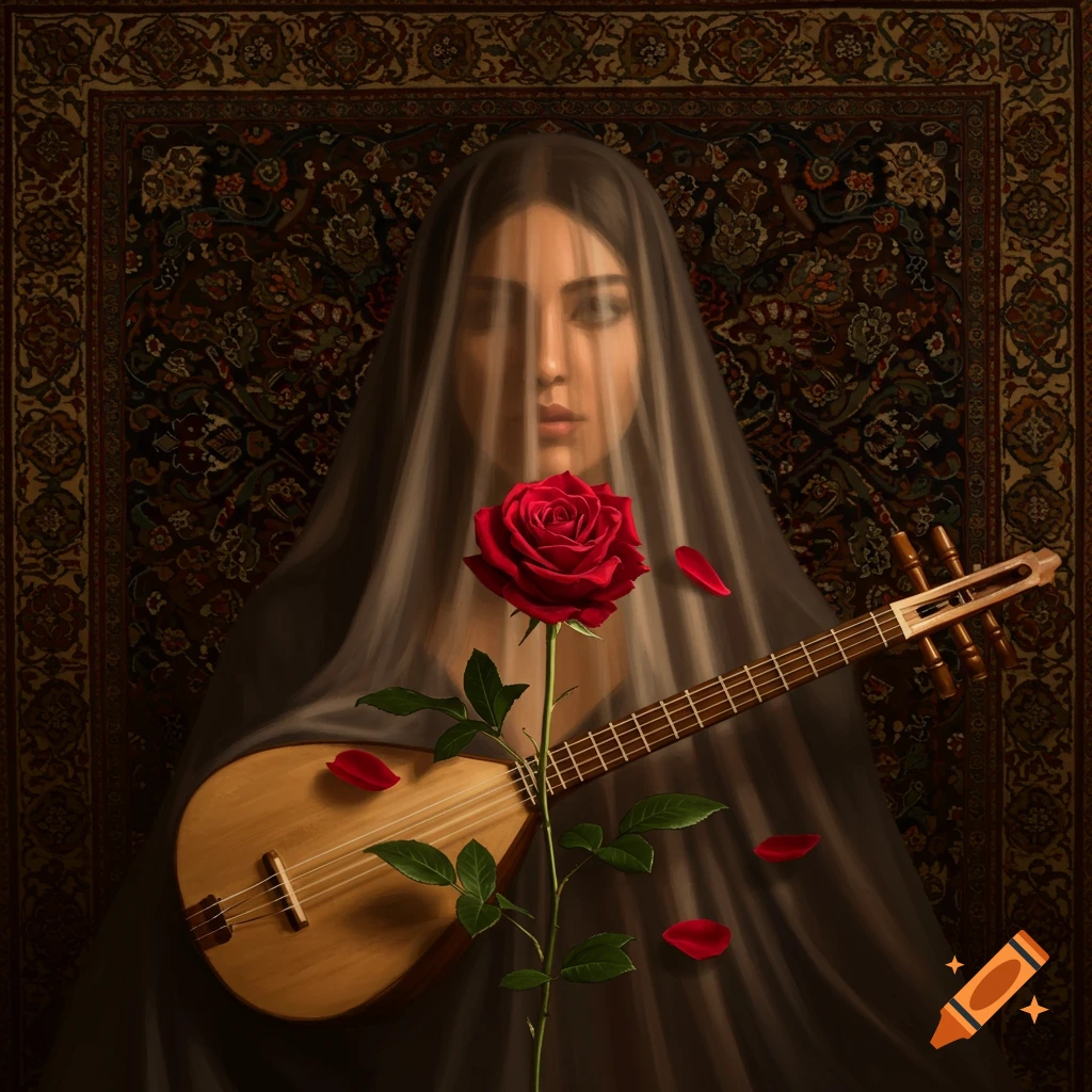 A veiled woman with a red rose and a setar against a traditional Persian rug, in a dark, photorealistic portrait.
