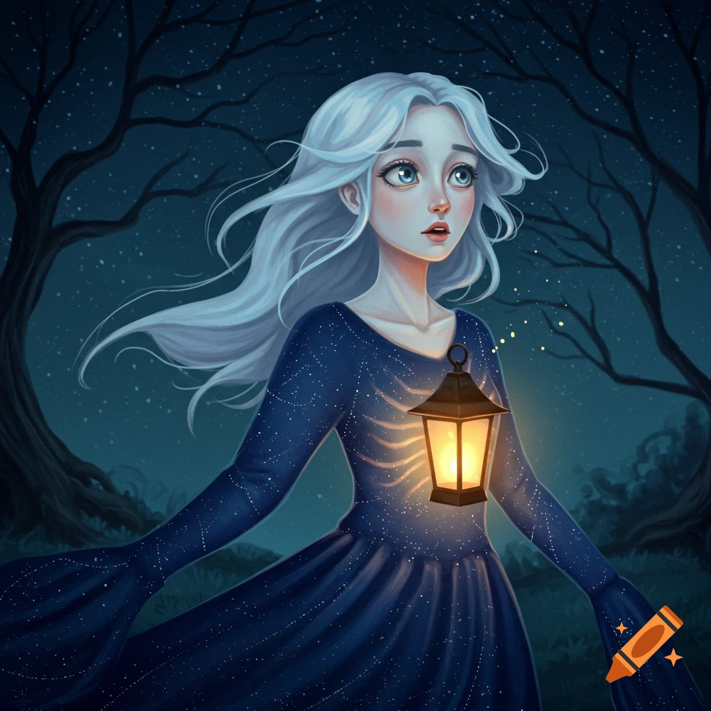 A cartoon woman with white hair and large blue eyes gazes up, holding a glowing lantern in a dark, star-dusted forest.