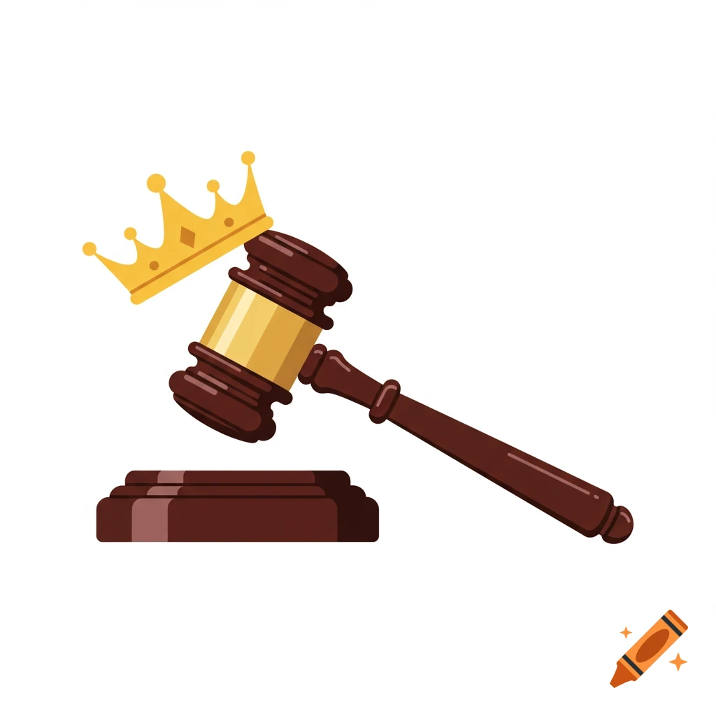 A brown wooden judge's gavel with a golden crown resting on its head, next to its stand, in a clean clipart style.