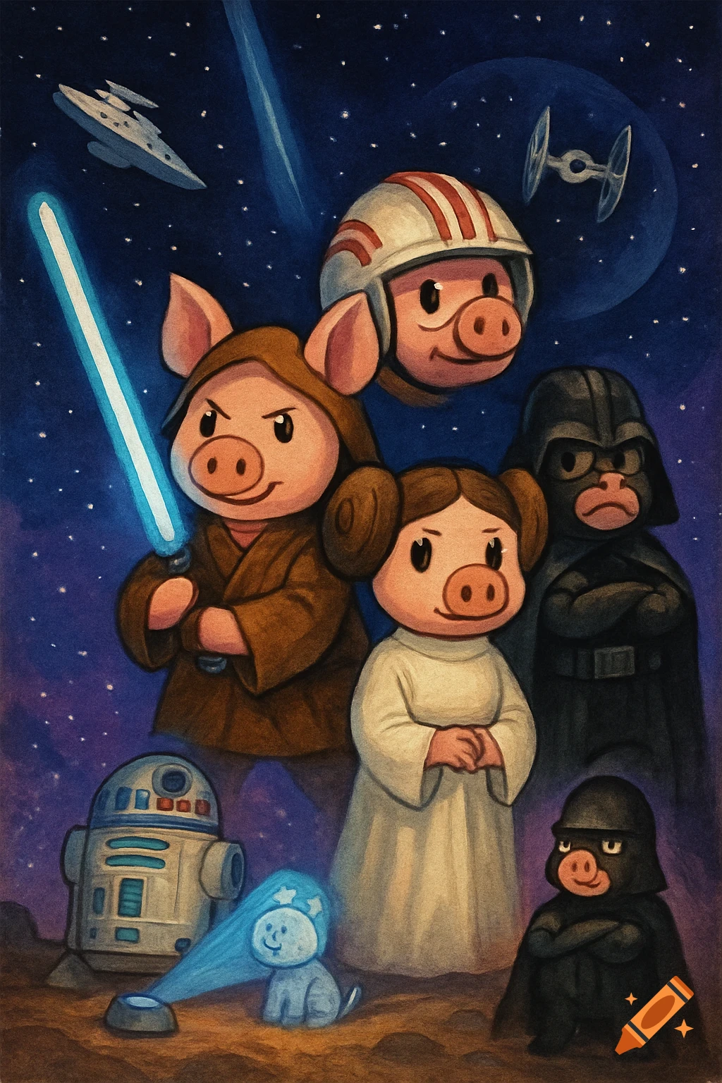 Cartoon illustration of Star Wars characters reimagined as pigs, featuring a Jedi pig, Leia pig, Darth Vader pig, and R2-D2.